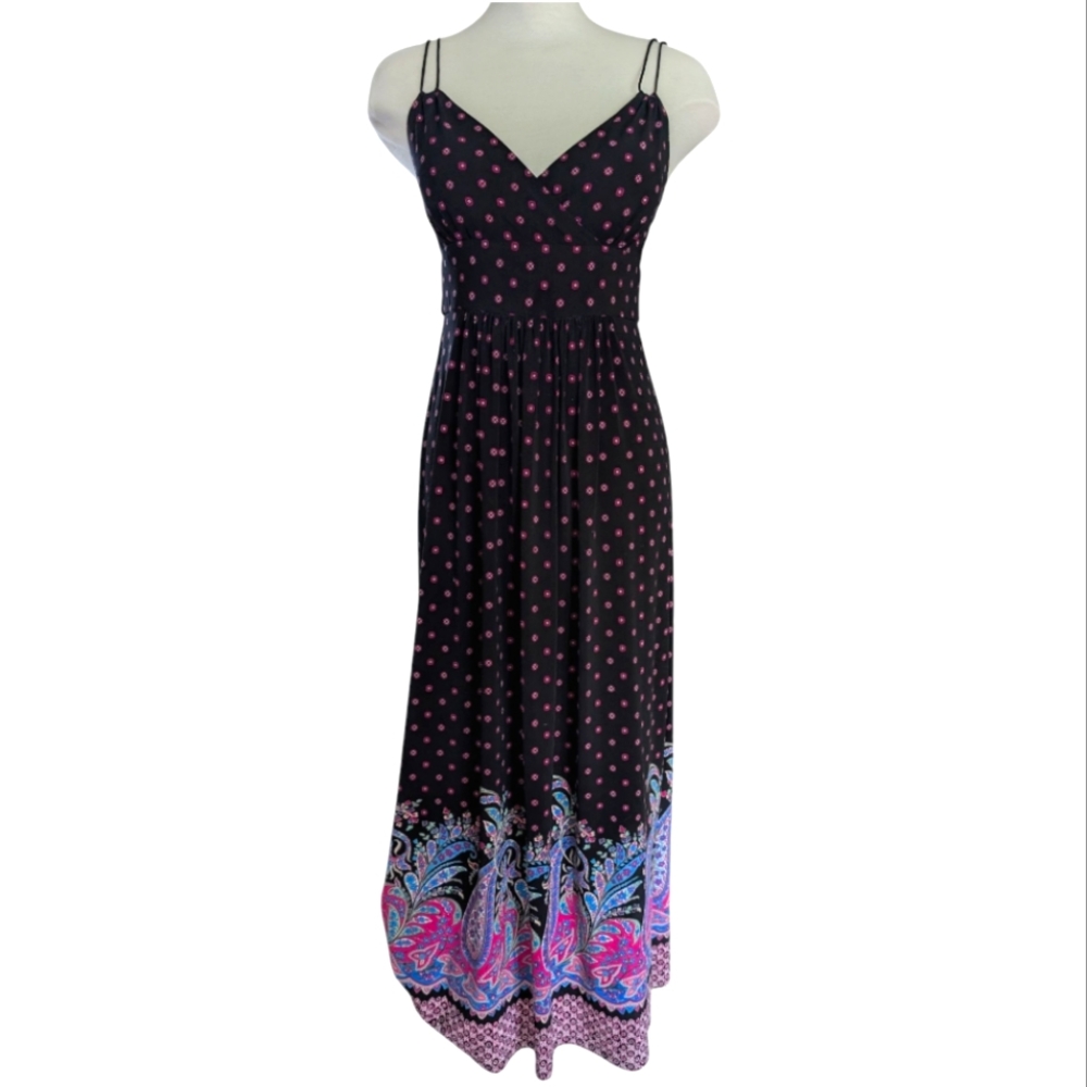 Bohemian Empire Waist Maxi Dress Beaded Black Spaghetti Straps Size 6
